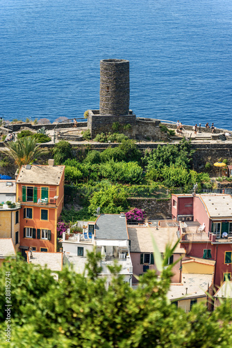 The medieval Doria castle with the lookout tower, XV century, in the ancient village of Vernazza. Cinque Terre, National park in Liguria, La Spezia province, Italy, Europe. UNESCO world heritage site