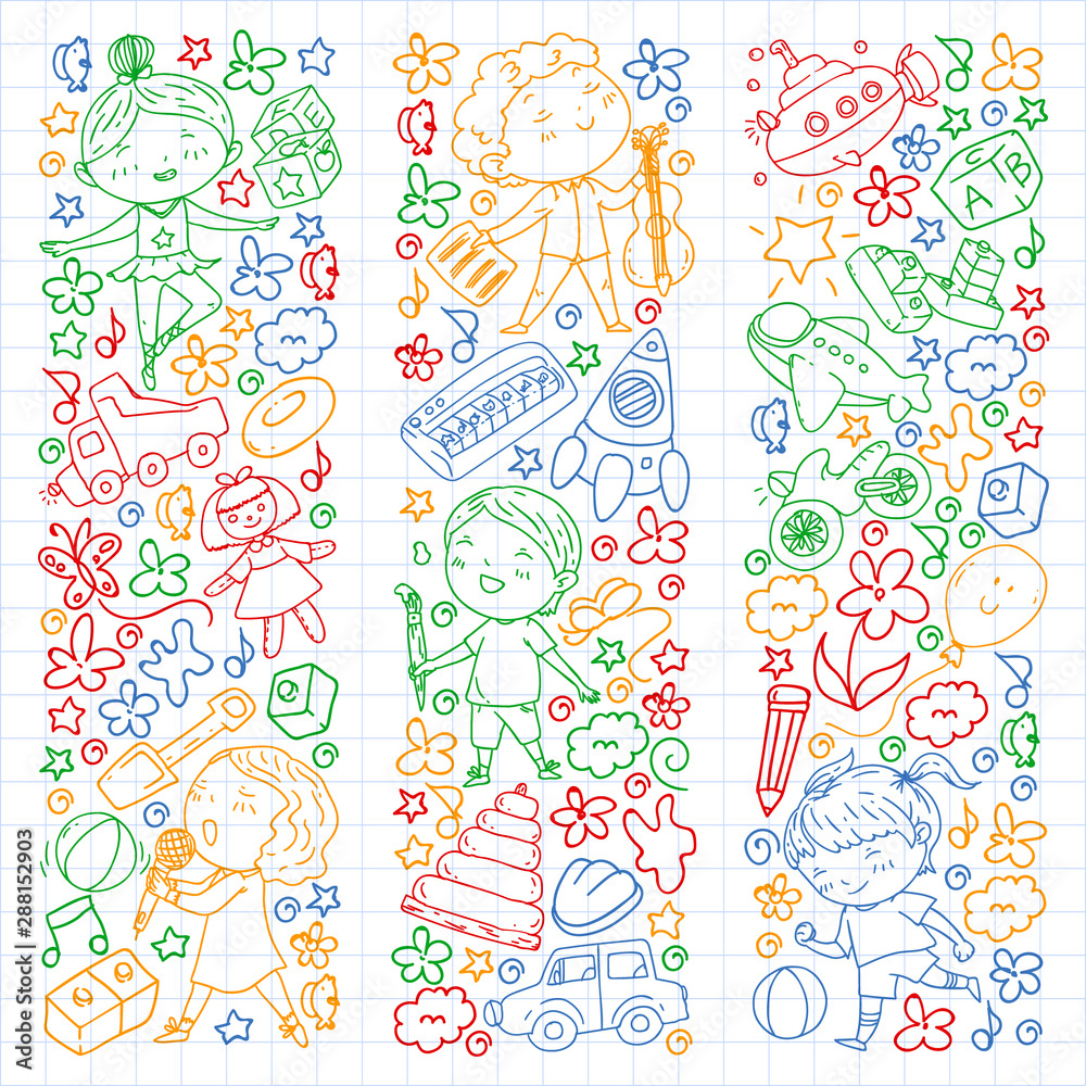 Painted by hand style pattern on the theme of childhood. Vector illustration for children design. Colorful drawing by pen on squared notebook Painted by hand style pattern on the theme of childhood. Vector illustration for children design. Colorful drawing by pen on squared notebook