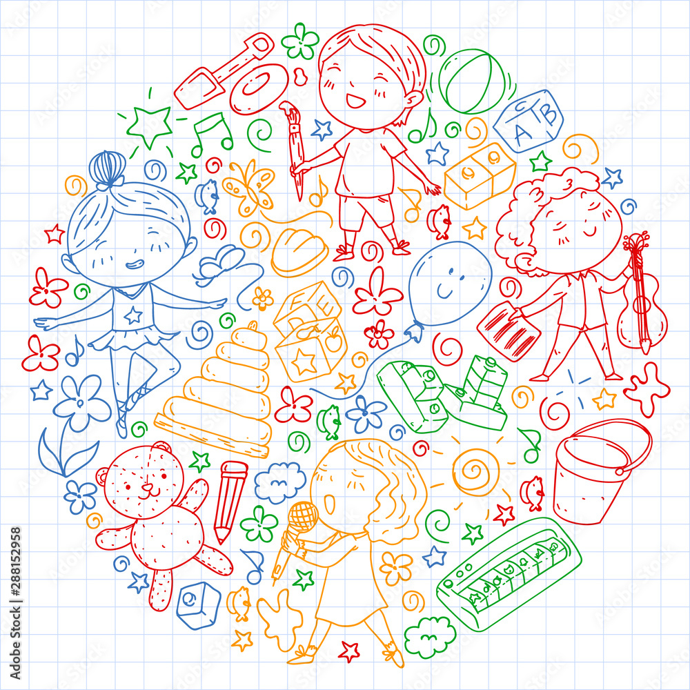 Painted by hand style pattern on the theme of childhood. Vector illustration for children design. Colorful drawing by pen on squared notebook