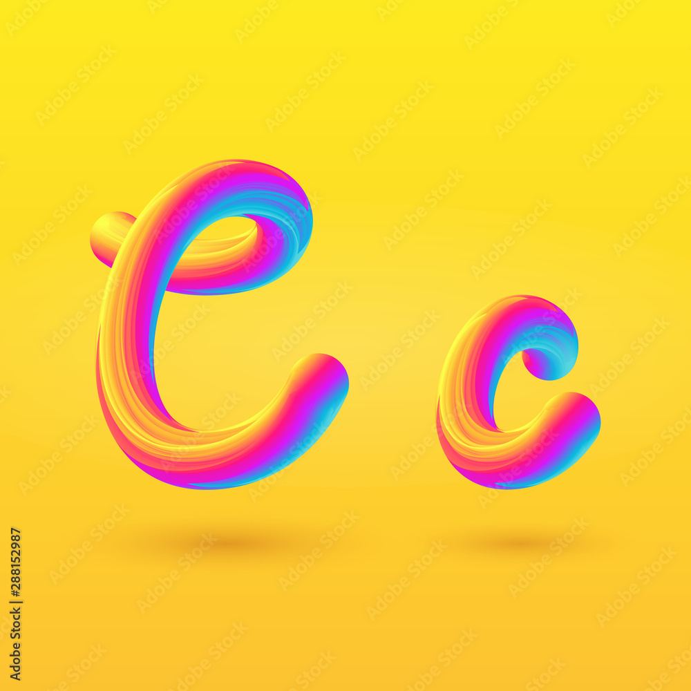 Letter C 3D vector. Liquid gradient shape on yellow background. Colorful hand drawn alphabet for branding, logo, a set of words. Festive typography, childrens alphabet, uppercase letters Letter C 3D vector. Liquid gradient shape on yellow background. Colorful hand drawn alphabet for branding, logo, a set of words. Festive typography, childrens alphabet, uppercase letters