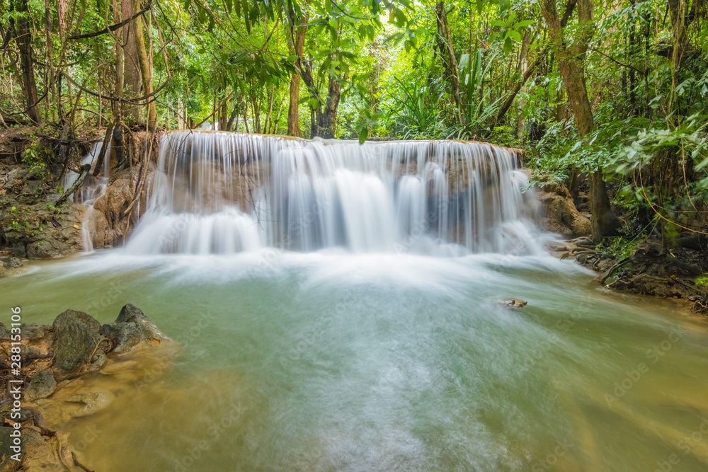 Huai Mae Khamin Waterfalls in Tropical Rainforest at Kanchanaburi Province, Thailand