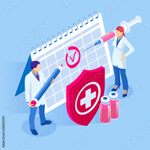 Isometric Time to vaccinate concept. Vaccine for influenza, measles, diphtheria, or rabies. Syringe with a vaccination calendar and doctors, bottle, and virus.