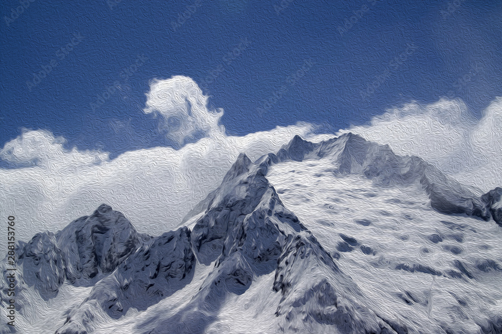 Winter snowy mountains and blue sky with clouds