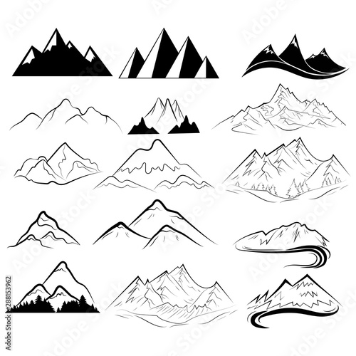 Set of mountains. Collection of stylized mountain landscapes. Black and white illustration of mountains. Linear art. Logo.