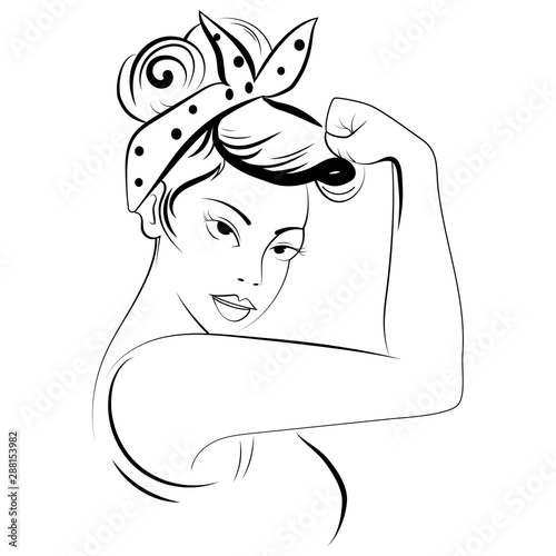 Strong girl in eyeglasses. Classical american symbol of female power, woman rights, protest, feminism. Black and white illustration.
