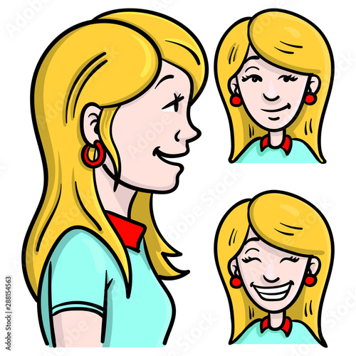 Avatar Set of a blond woman with blue shirt from the side and frontal. upper body, laughing, friendly, face.