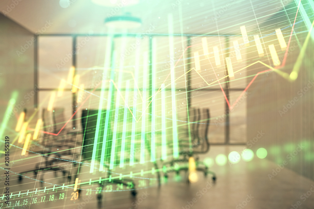 Multi exposure of stock market graph on conference room background. Concept of financial analysis