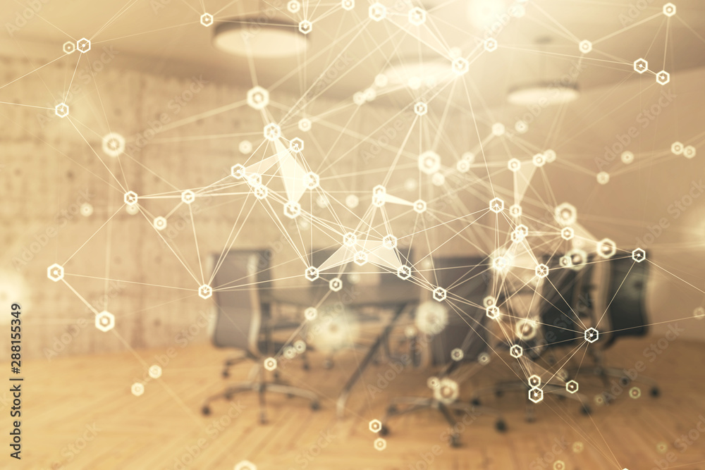 Double exposure of technlogy theme abstract hologram on conference room background. Concept of hightech Double exposure of technlogy theme abstract hologram on conference room background. Concept of hightech