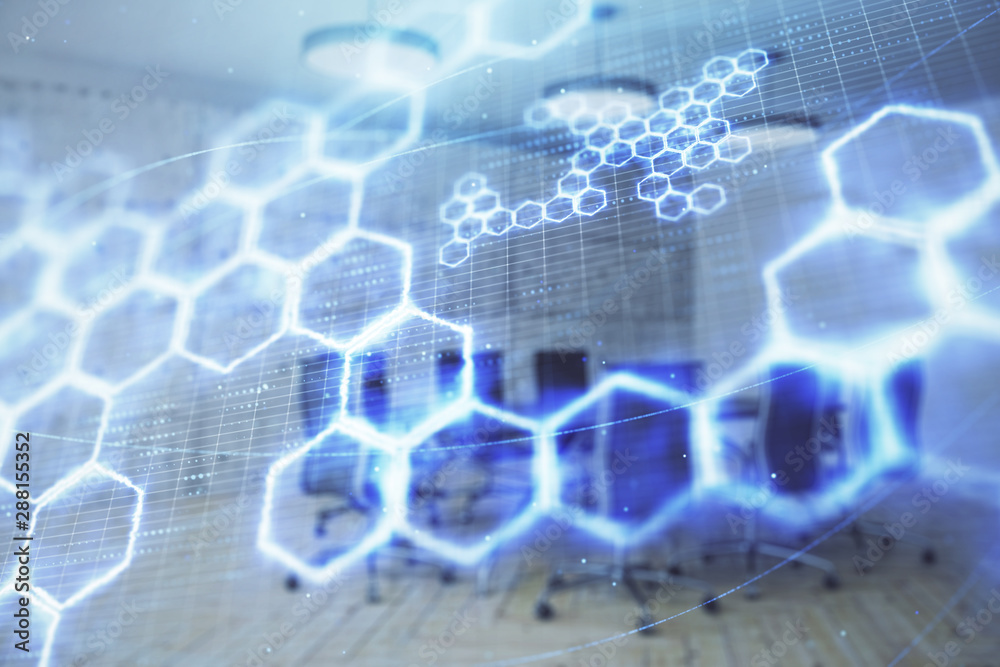 Fototapeta premium Double exposure of technlogy theme abstract hologram on conference room background. Concept of hightech