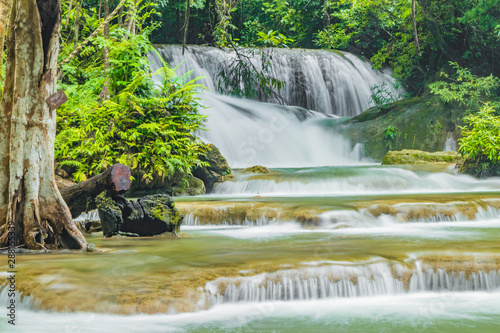 Huai Mae Khamin Waterfalls in Tropical Rainforest at Kanchanaburi Province, Thailand