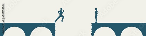 Man running to woman. Male and female silhouettes at the gap of the bridge
