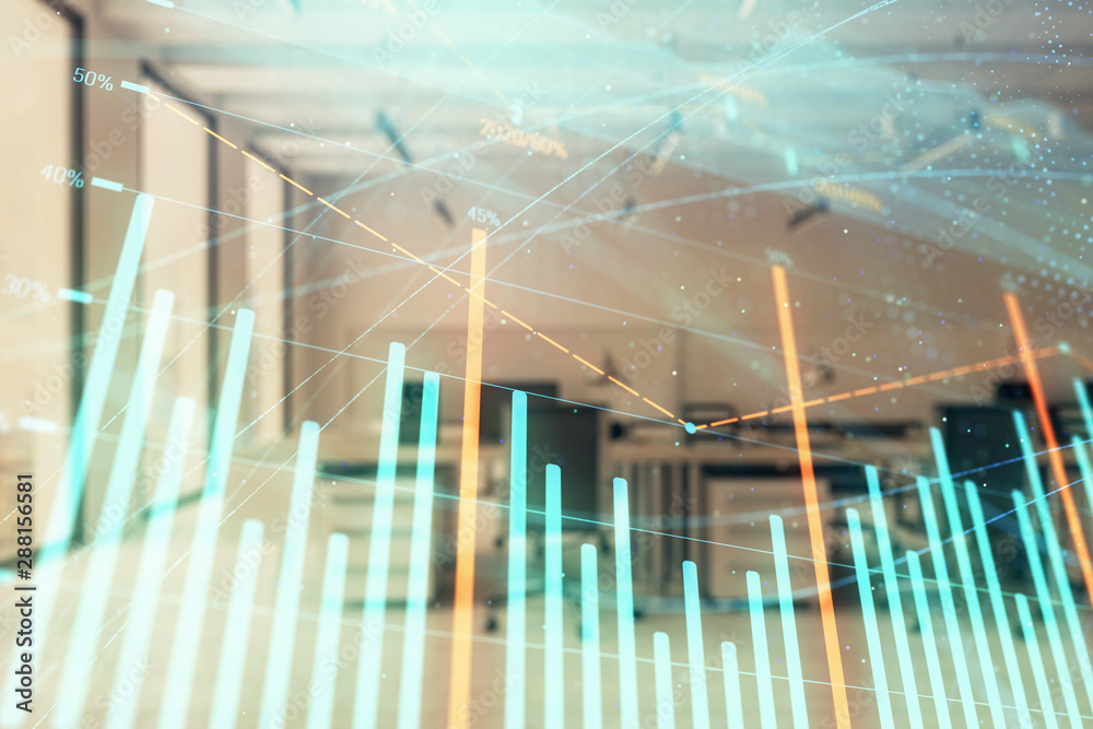 Stock market chart with trading desk bank office interior on background. Double exposure. Concept of financial analysis Stock market chart with trading desk bank office interior on background. Double exposure. Concept of financial analysis