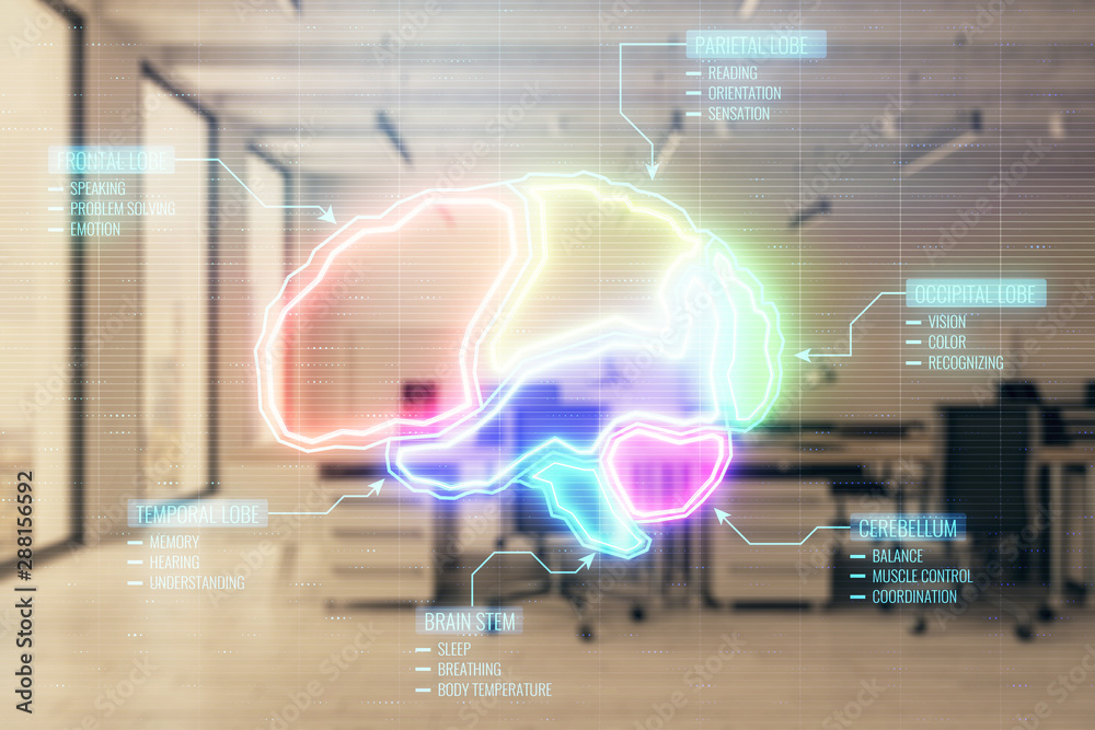 Brain icon hologram with office interior on background. Double exposure. Concept of education Brain icon hologram with office interior on background. Double exposure. Concept of education