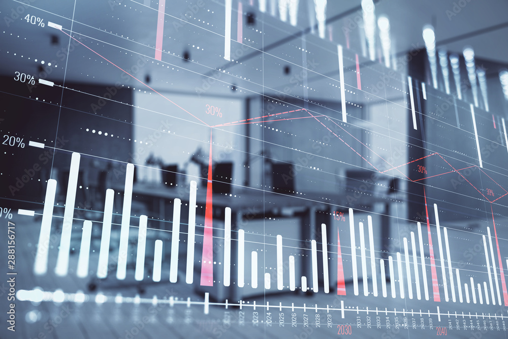 Stock market chart with trading desk bank office interior on background. Double exposure. Concept of financial analysis Stock market chart with trading desk bank office interior on background. Double exposure. Concept of financial analysis