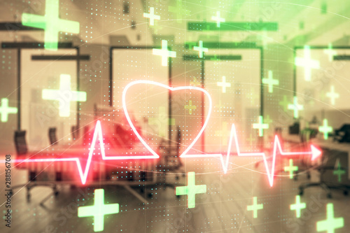 Heart drawing with office interior on background. Double exposure. Concept of medical education