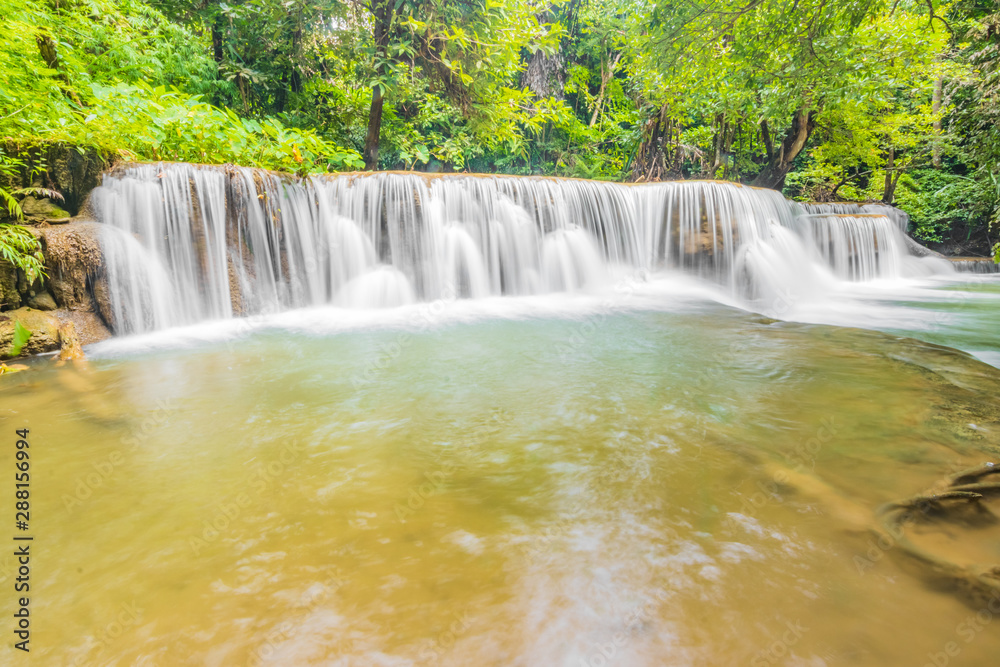 Fototapeta premium Huai Mae Khamin Waterfalls in Tropical Rainforest at Kanchanaburi Province, Thailand