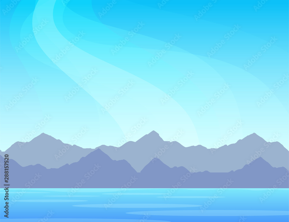 Nature panorama with mountains on a sea. Scenic nature marine landscape illustration with copy space on top. Vector design for banner or wallpaper.