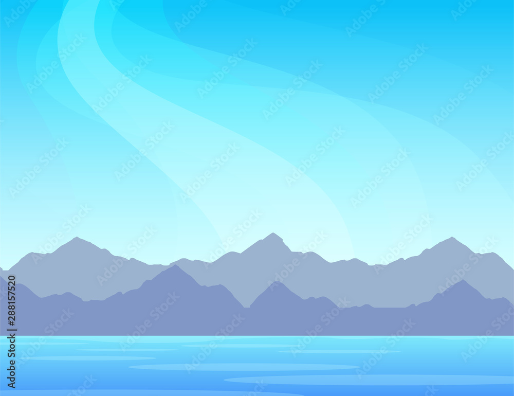 Nature panorama with mountains on a sea. Scenic nature marine landscape illustration with copy space on top. Vector design for banner or wallpaper. Nature panorama with mountains on a sea. Scenic nature marine landscape illustration with copy space on top. Vector design for banner or wallpaper.