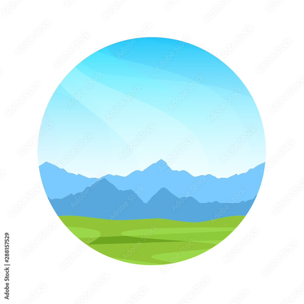 Alpine mountains on a sunny day, Vector colorful illustration of a round shape with landscape on a white background. Circular Banner for travel company.
