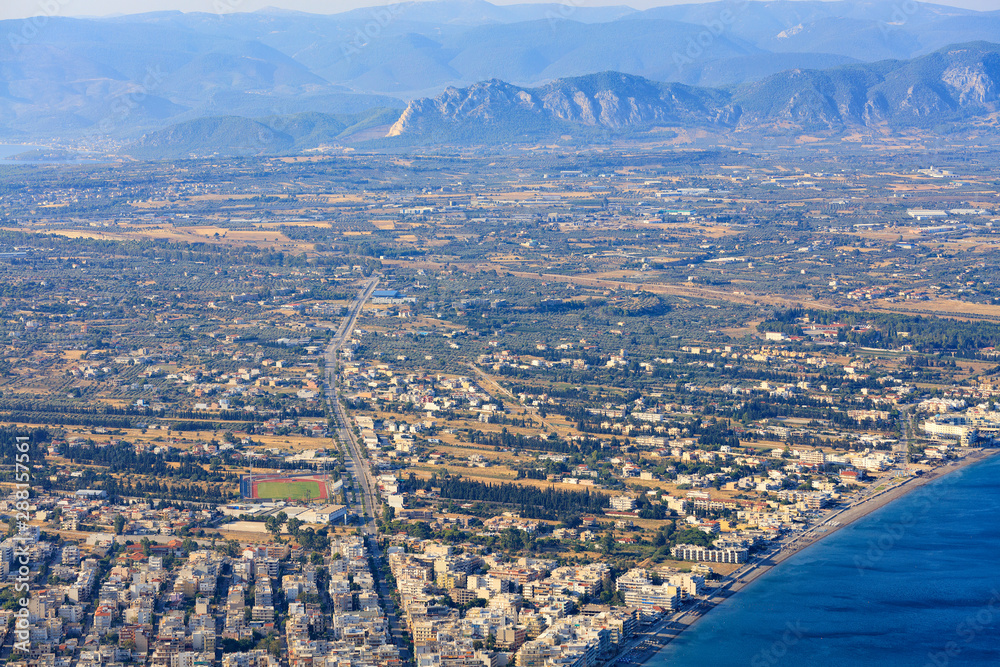 Panorama of the city of Loutraki, Greece aerial view.