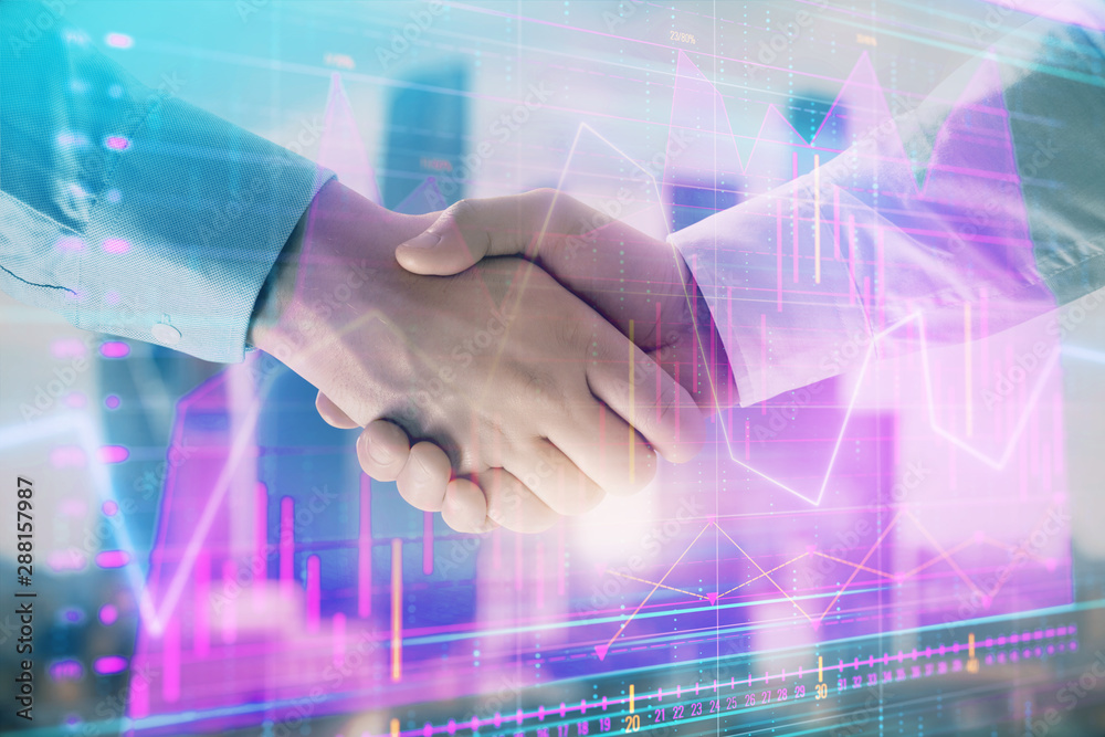 Double exposure of financial graph on cityscape background with two businessman handshake. Concept of stock market deal Double exposure of financial graph on cityscape background with two businessman handshake. Concept of stock market deal