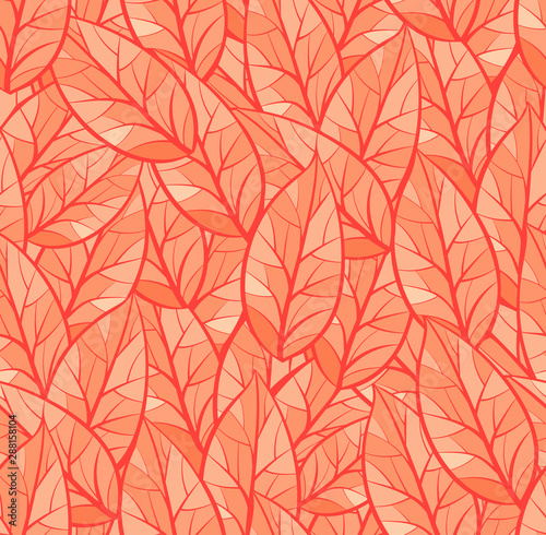 Abstract seamless vector pattern of leaves. Background texture. Orange and red color palette © guliveris