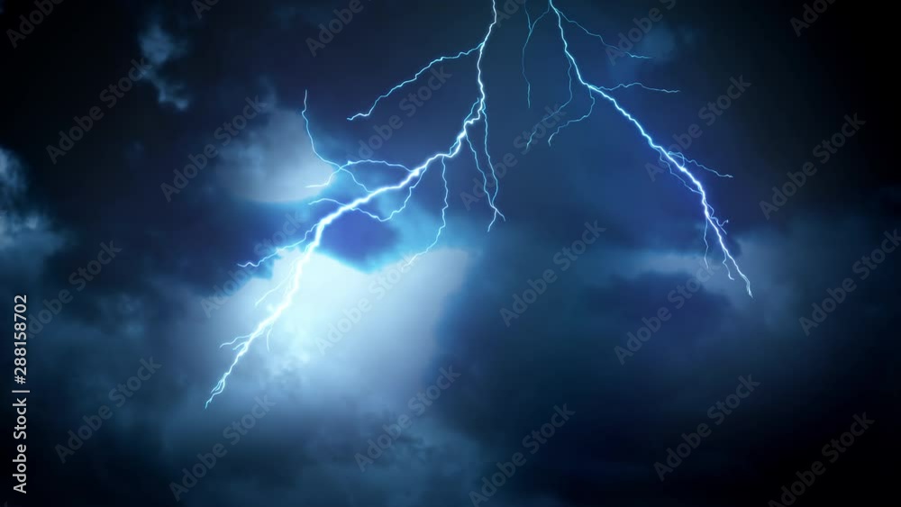 Super slow motion lightning storm on cloudy background