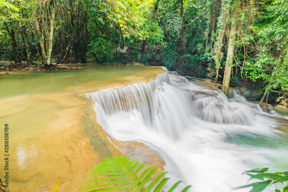 Huai Mae Khamin Waterfalls in Tropical Rainforest at Kanchanaburi Province, Thailand Huai Mae Khamin Waterfalls in Tropical Rainforest at Kanchanaburi Province, Thailand