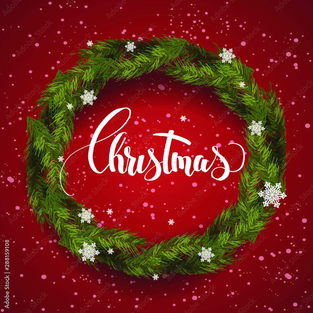  Merry Christmas 2020 lettering text on red background. fir wreath frame.