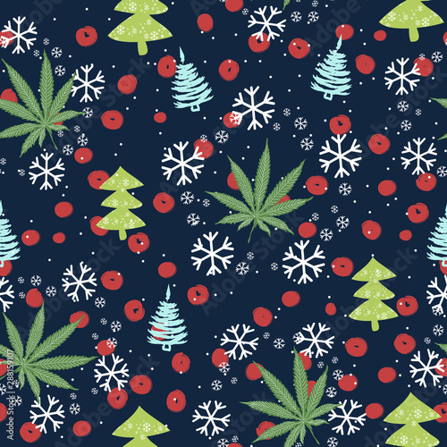 Christmas Forest with Snowflakes and Cannabis Leaves. Festive Weed Background. Vector