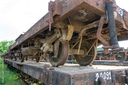 Lopburi, THAILAND - Jun 6, 2019 : Lost places / Abandoned, rusty railroad wagon, where the paint peels off , Old trains with rust in Thailand