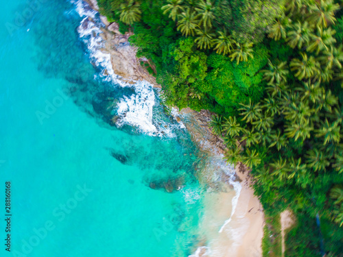 Aerial view sea wave white sand beach