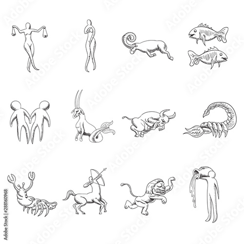 Zodiac for horoscope icon set. Usable for mystic occult palmistry and witchcraft alchemy. Vector