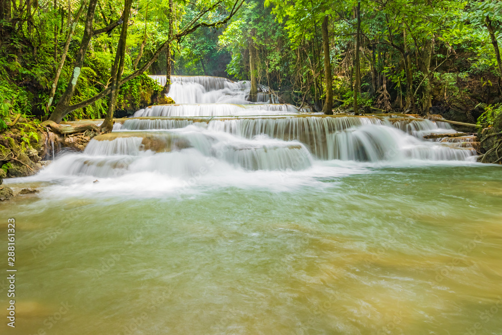 Huai Mae Khamin Waterfalls in Tropical Rainforest at Kanchanaburi Province, Thailand
