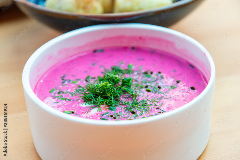 Healthy vegan cold soup prepared with beetroots and vegetables perfect as dietetic summer dish Healthy vegan cold soup prepared with beetroots and vegetables perfect as dietetic summer dish