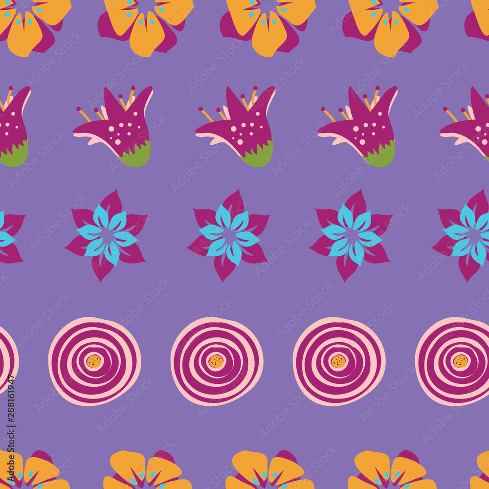 Colorful abstract summer flowers on a purple background.