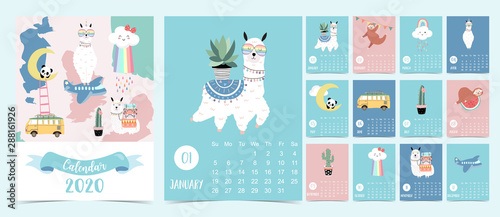 Doodle animal calendar set 2020 with llama,cloud,rainbow,sloth,panda for children.Can be used for printable graphic.Editable element