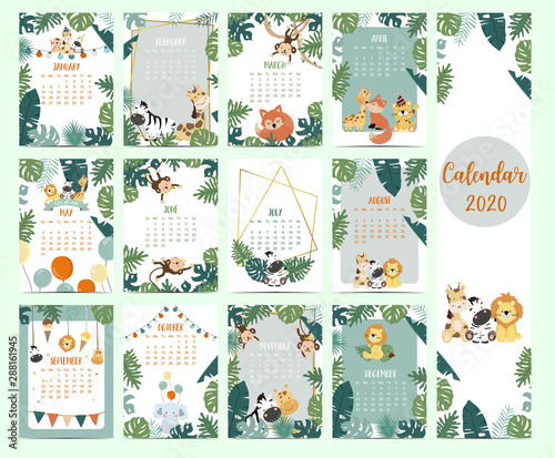 Doodle safari animal calendar set 2020 with giraffe,fox,lion,monkey for children.Can be used for printable graphic.Editable element