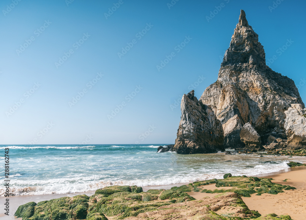 Fototapeta premium Ursa beach (Praia da Ursa in portuguese) near Cabo da Roca at sunset. Sintra