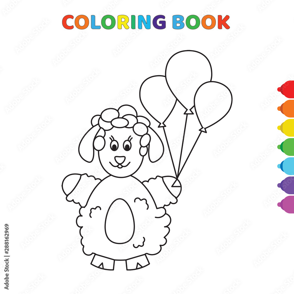 cute cartoon happy female sheep taking air balloons in hand coloring book for kids. black and white vector illustration for coloring book. happy female sheep taking air balloons in hand concept hand