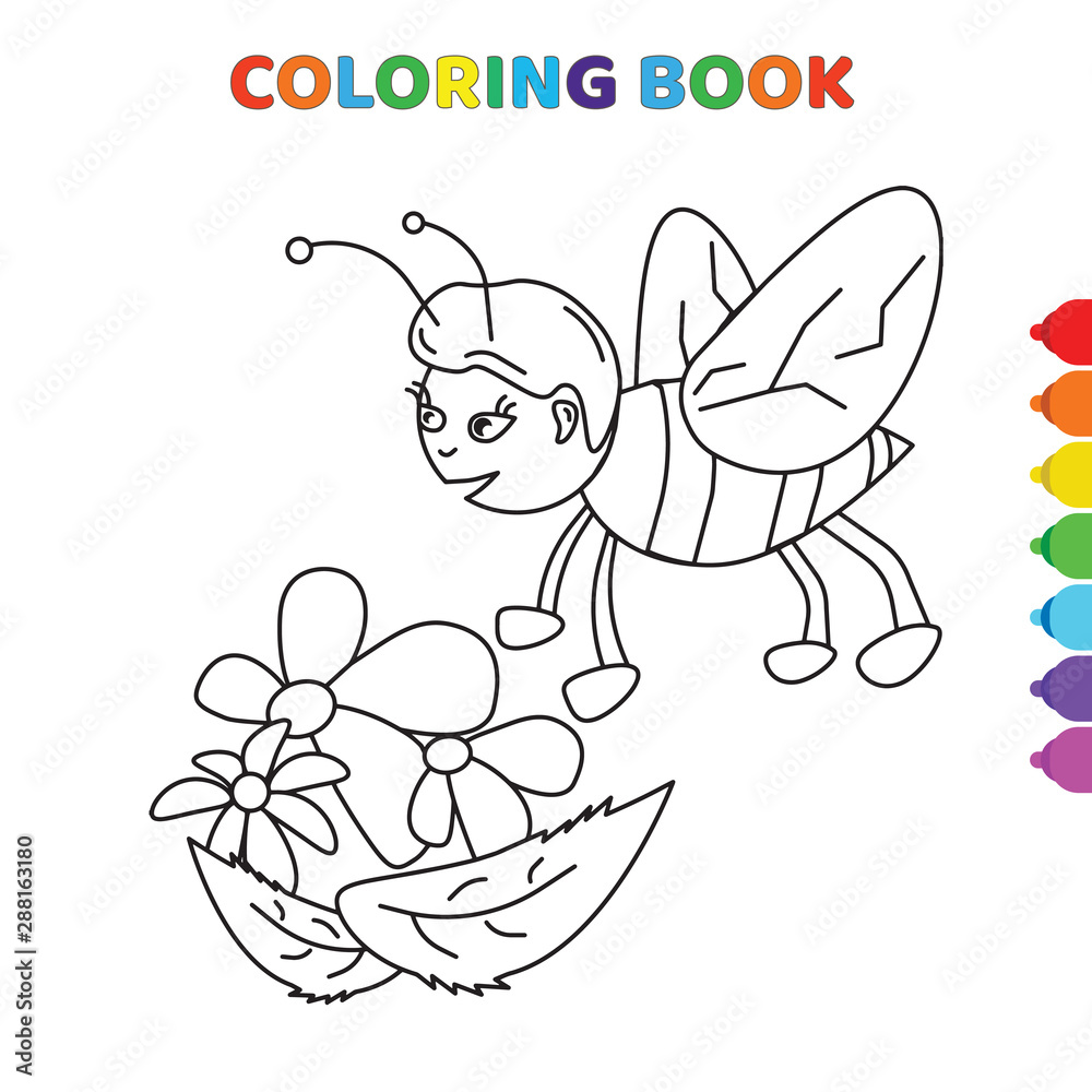 Obraz premium cute cartoon happy bee flyind on flowers coloring book for kids. black and white vector illustration for coloring book. happy bee flyind on flowers concept hand drawn illustration