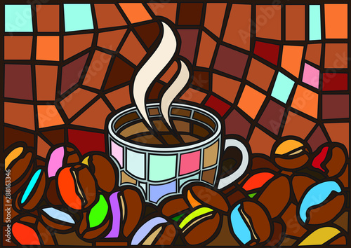 coffee cup and coffee beans moses stained glass illustration vector is a mosaic glass that is used to decorate a picture of a window door  multi color