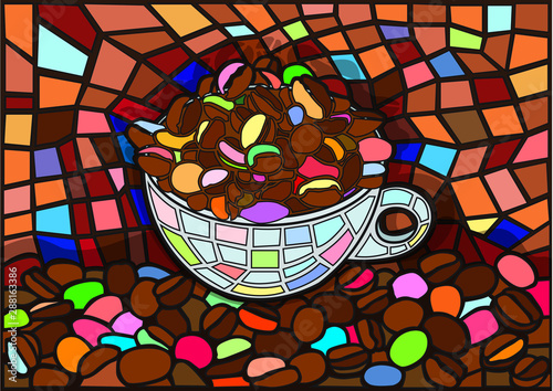 coffee cup and coffee beans moses stained glass illustration vector  is a mosaic glass that is used to decorate a picture of a window door  multi color