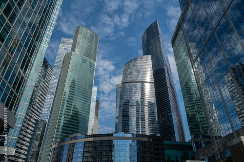 MOSCOW. RUSSIA - Septemer 5  2019  Skyscrapers of Moscow city business center closeup. Moscow International Business Center also referred to as Moscow-City
