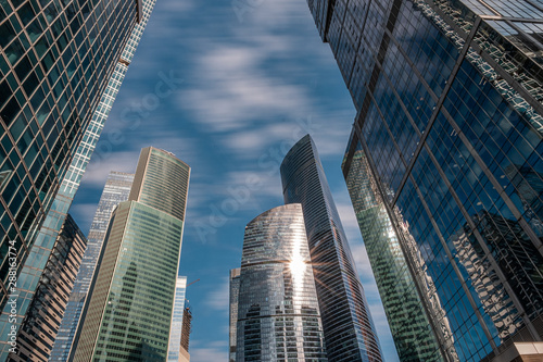 MOSCOW. RUSSIA - Septemer 5  2019  Skyscrapers of Moscow city business center closeup. Moscow International Business Center also referred to as Moscow-City