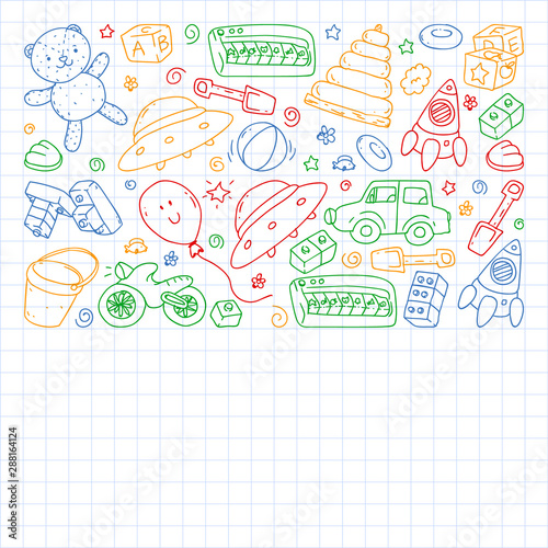 Vector pattern with kindergarten, toy children. Happy children illustration. Drawing a colorful pen on a notebook in a Squared notebook.