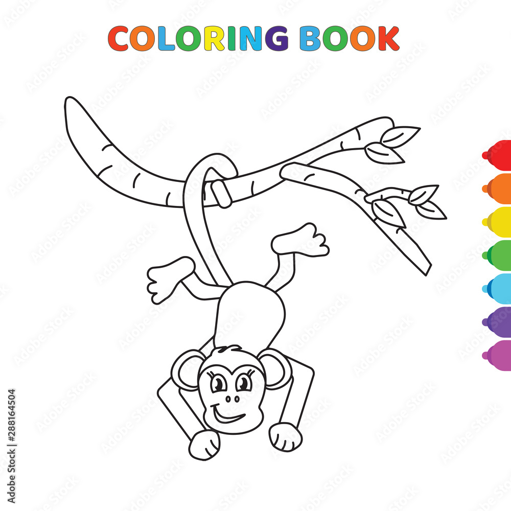 cute cartoon monkey hanging from three with tail coloring book for kids. black and white vector illustration for coloring book. monkey hanging from three with tail concept hand drawn illustration cute cartoon monkey hanging from three with tail coloring book for kids. black and white vector illustration for coloring book. monkey hanging from three with tail concept hand drawn illustration