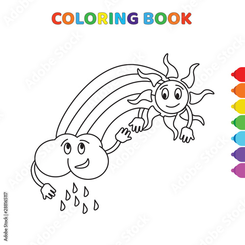cute cartoon rainy cloud with sun coloring book for kids. black and white vector illustration for coloring book. rainy cloud with sun concept hand drawn illustration