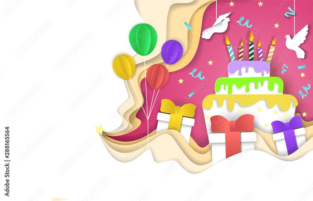 Happy birthday background, vector paper cut illustration