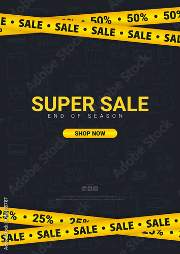 Sale banner with yellow Caution lines. Hand draw doodle icons on the background.